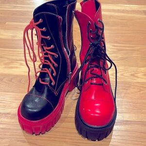 Chunky red and black combat boots